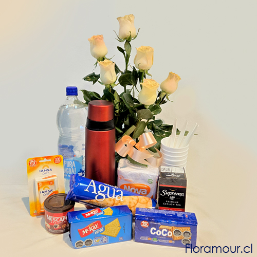 Conjunto: Termo, Tarro café pequeño, caja de té, endulzante, galletas, botella de agua, servilletas, vasos y cucharas desechables.